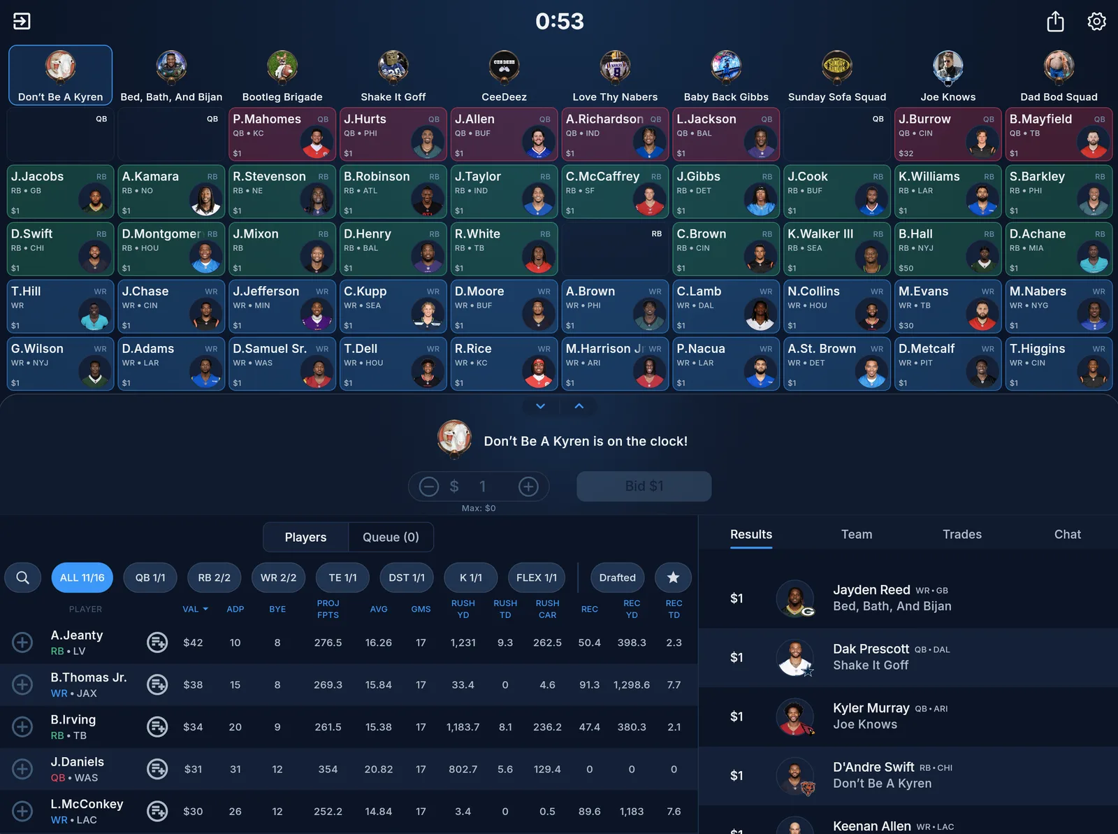 League Tycoon web app, live auction draft with player bidding and team rosters