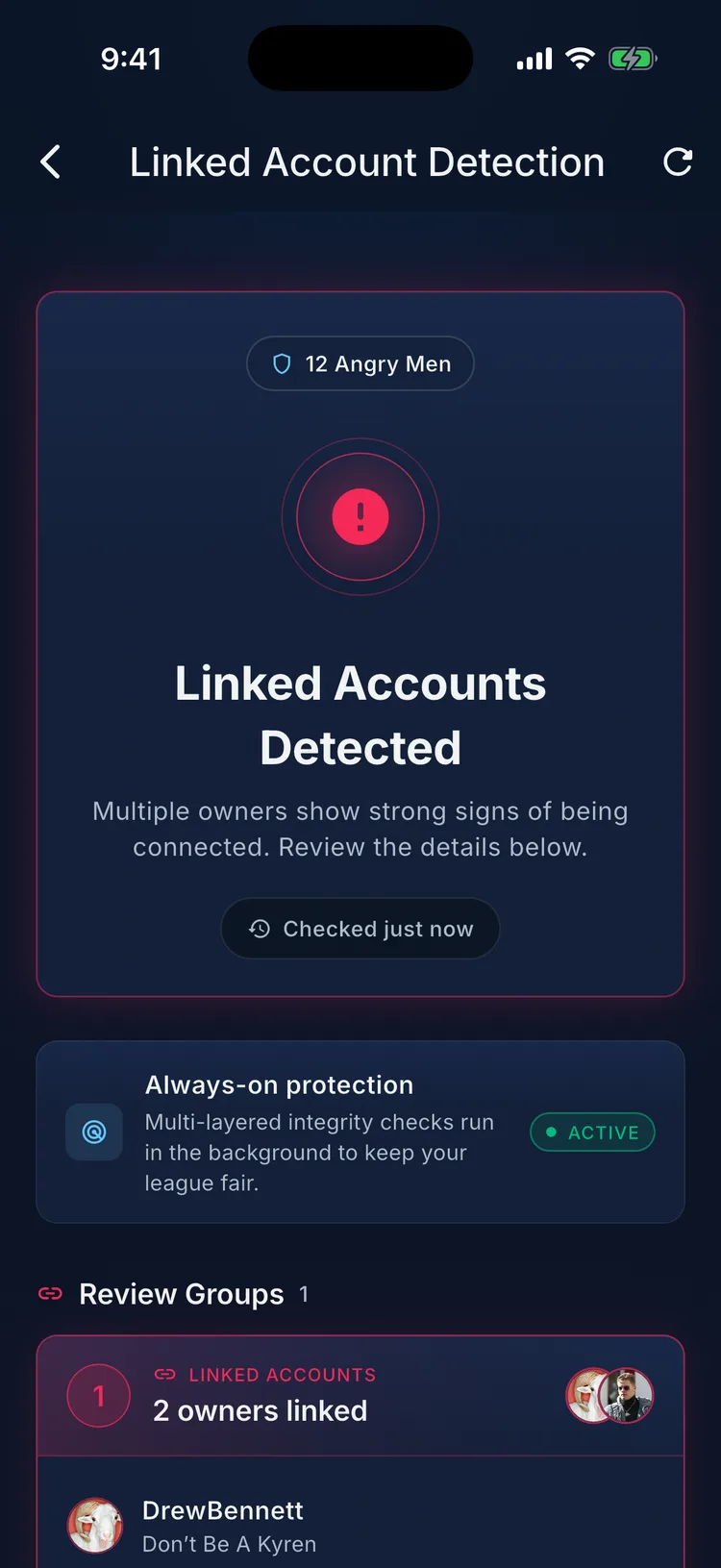Linked Account Detection report inside League Tycoon showing a strong linked accounts alert for a league, an always-on protection badge marked active, and a review group flagging two owners as linked