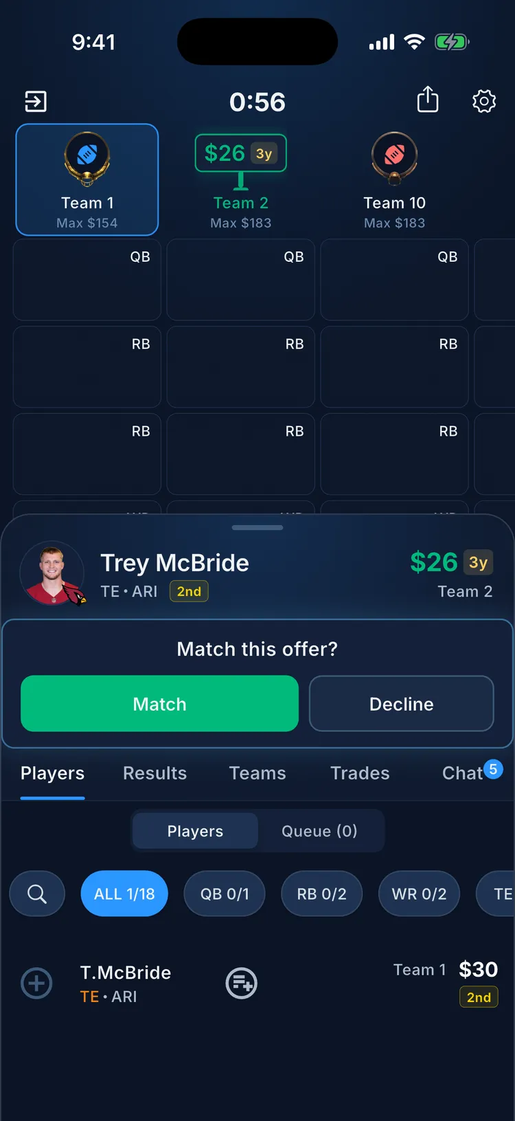 RFA auction match or decline screen showing Trey McBride with a $26 per year, 3-year offer from Team 2 and Match and Decline buttons