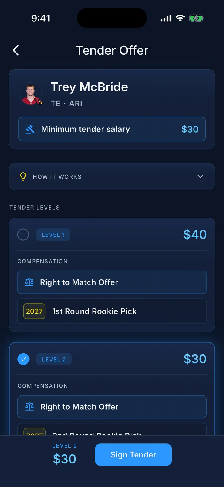 RFA tender offer screen showing Trey McBride with two tender levels: Level 1 at $40 with first round pick compensation, Level 2 at $30 with second round pick compensation